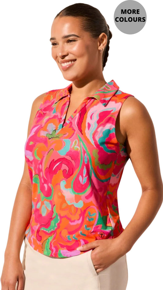 Textured Print Sleeveless Polo Top With Shirtail. Style TR2063O-3024