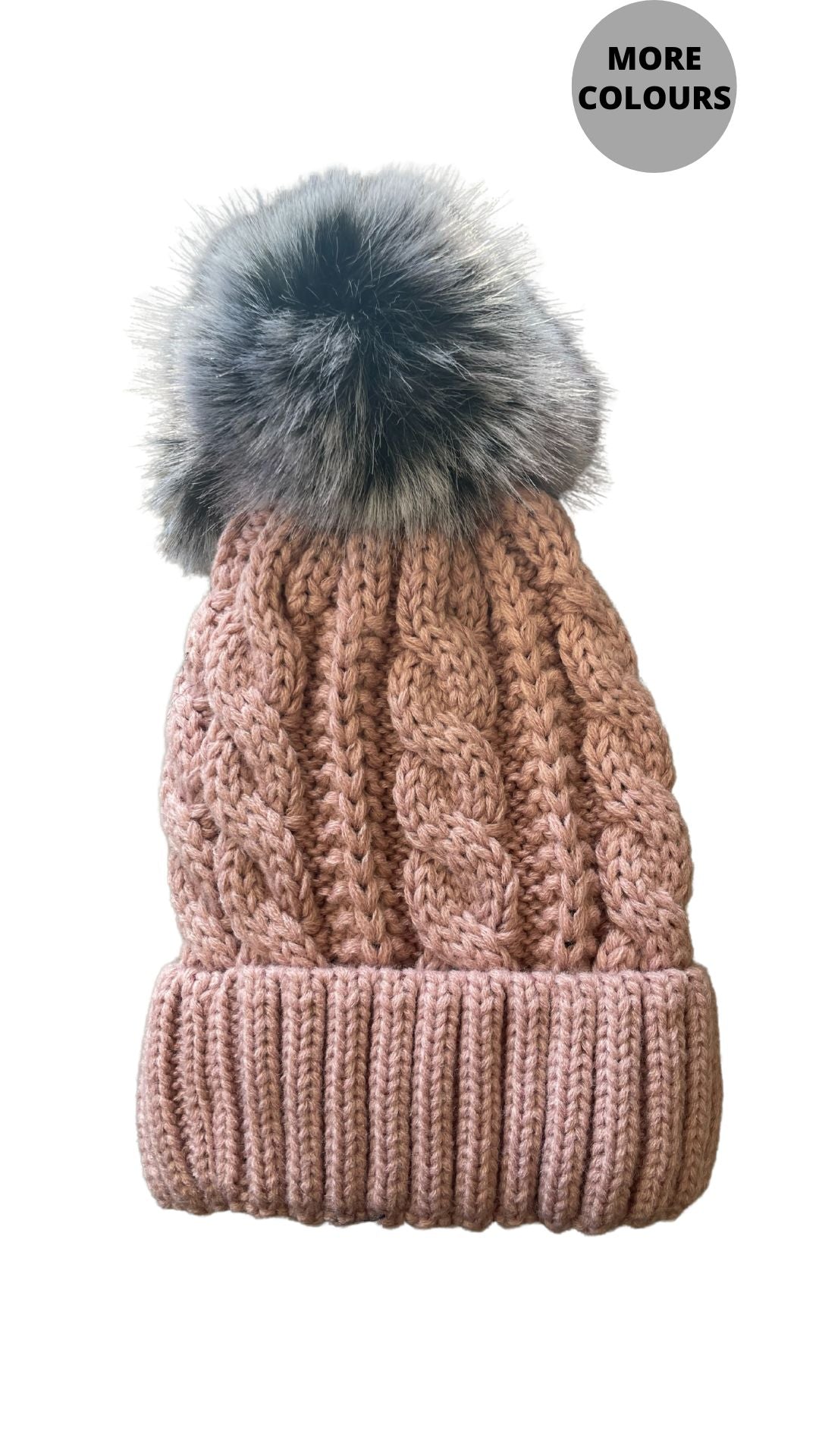 Lined Cable Knit Faux Fur Pompom Toque. Style ELWKAYLA8
