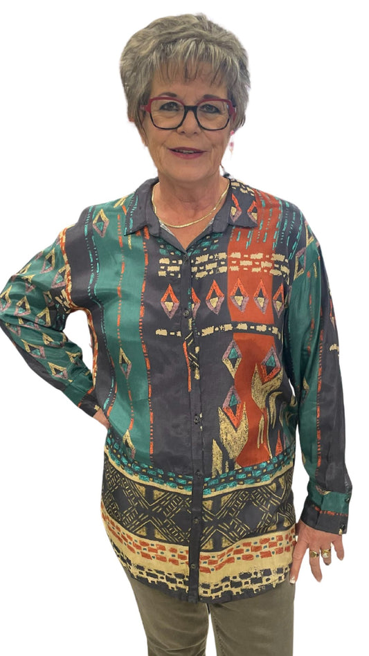 Button Front & Collar Tribal Print Top. Style AUE92081