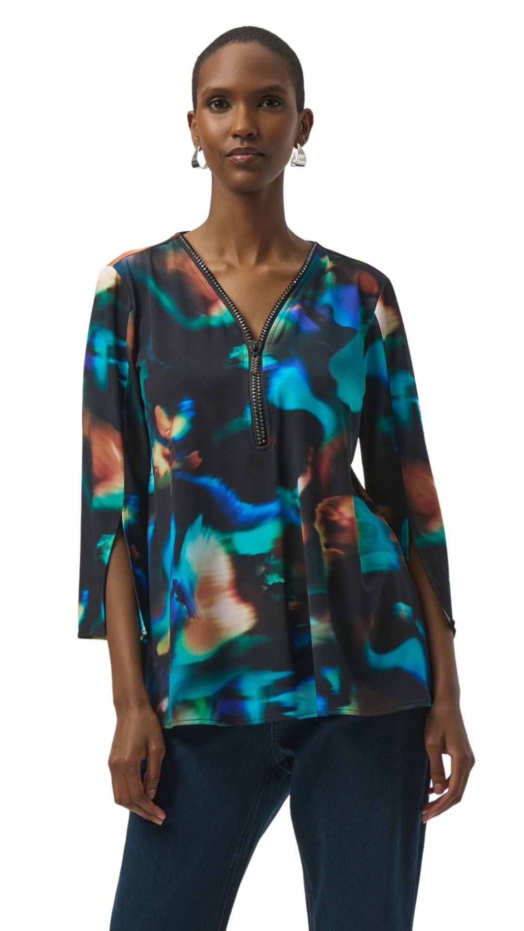 Zipper Neckline Rhinestone Detail Tunic. Style JR254204