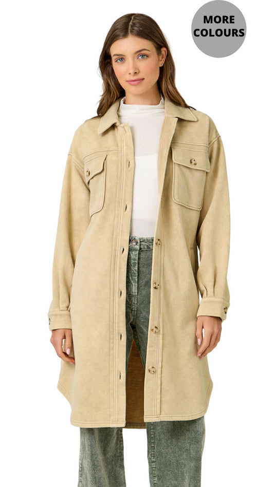 Washed Terry Long Button Front Jacket. Style MYS61231