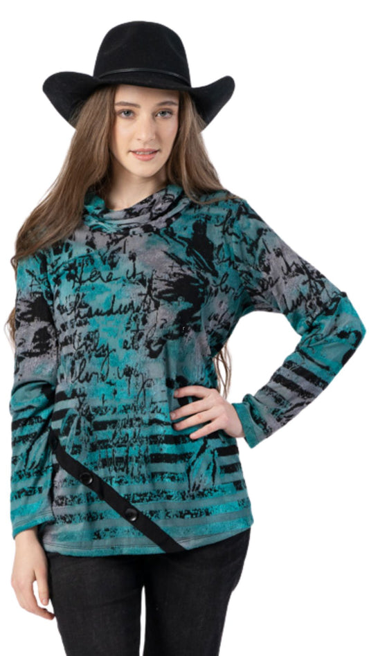 Abstract Print 3 Button Detail Top. Style CAT325115
