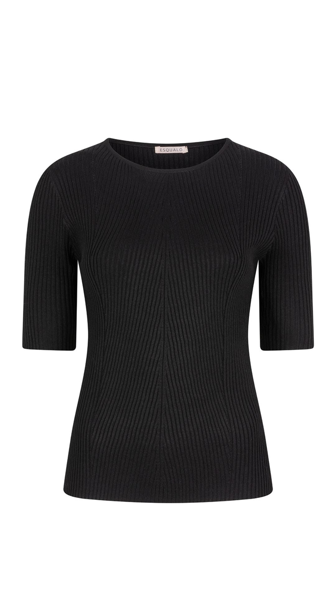 Ribbed Knit Half Sleeve Basic Black Top. Style ESQ27507