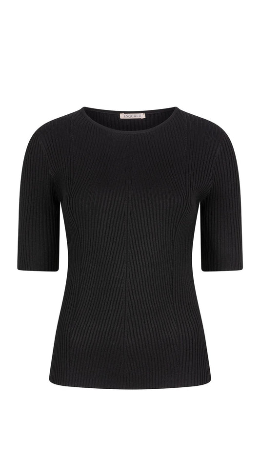 Ribbed Knit Half Sleeve Basic Black Top. Style ESQ27507