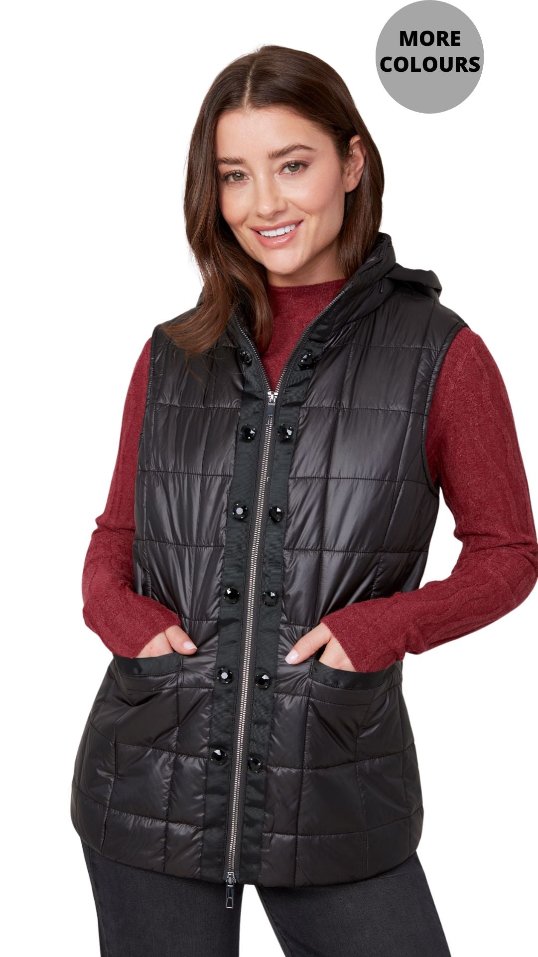 Hooded Quilted Rhinestone Placket Vest. Style REN3907L-E3034
