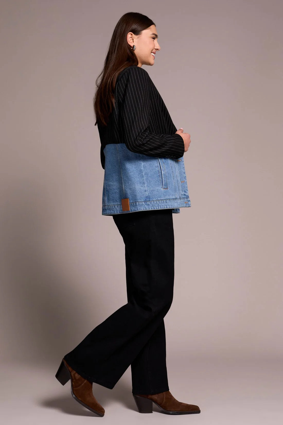 Mixed Media Pin Stripe & Denim Blazer. Style TR5916O-5029