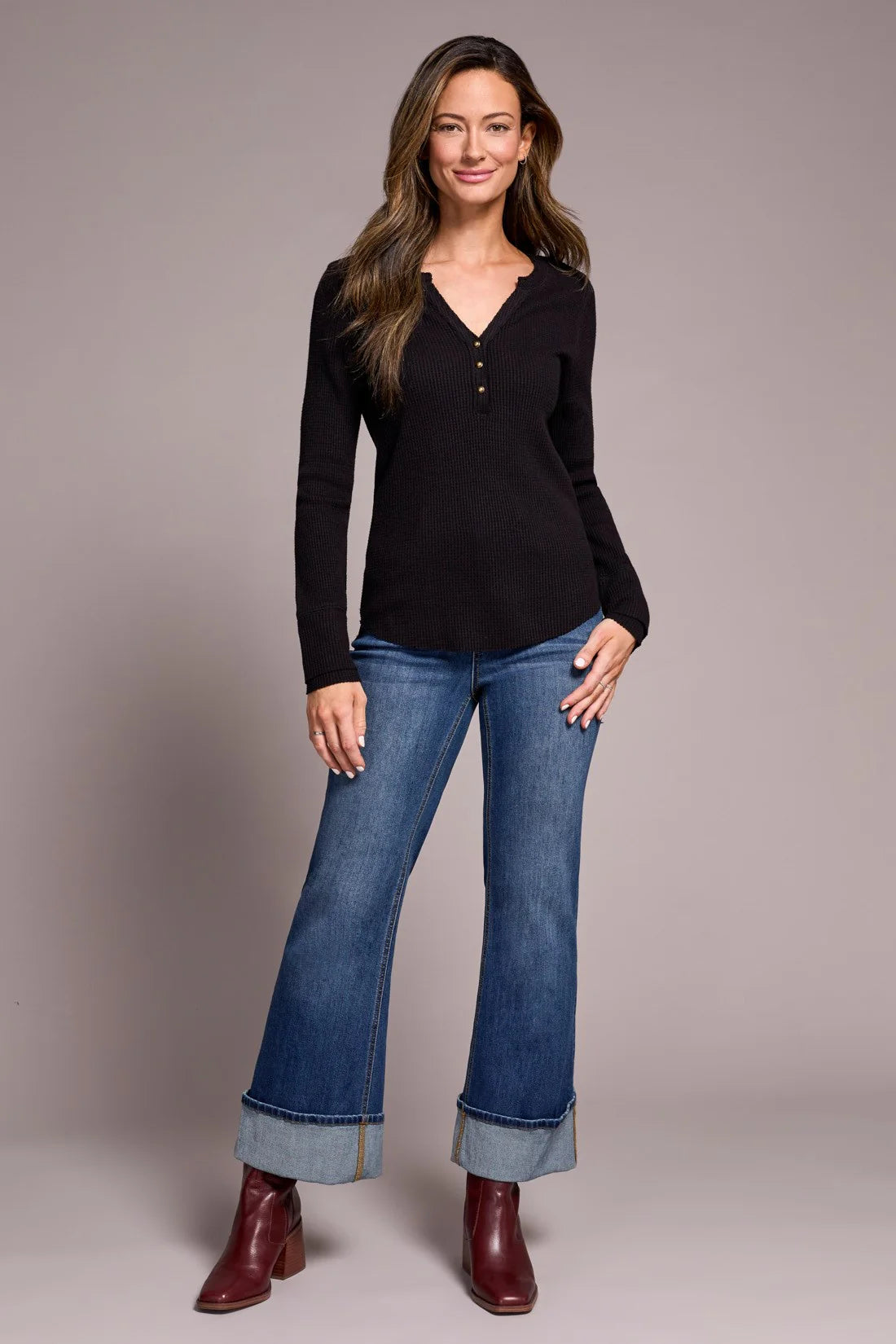 Brushed Waffle Knit Henley Long Sleeve Top. Style TR5899O-5159