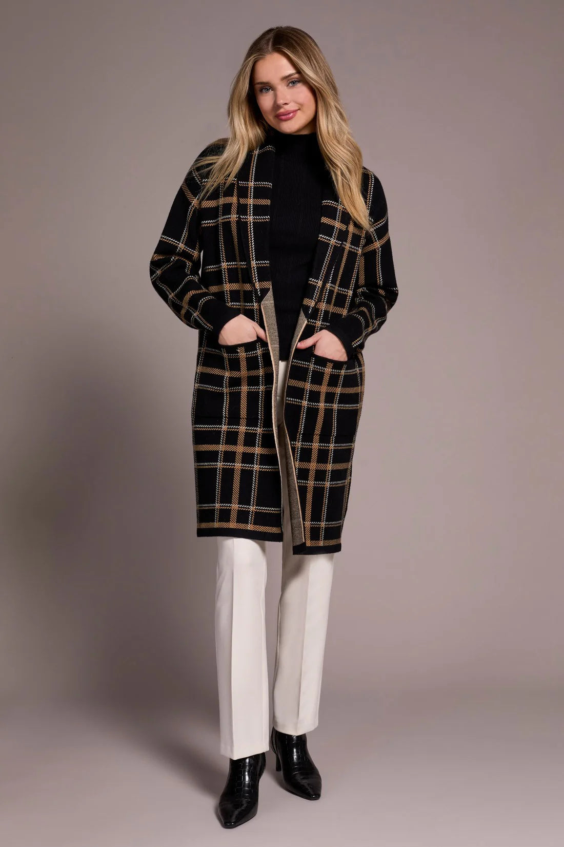 Double Knit Long Plaid Coatigan. Style TR1523O-8234