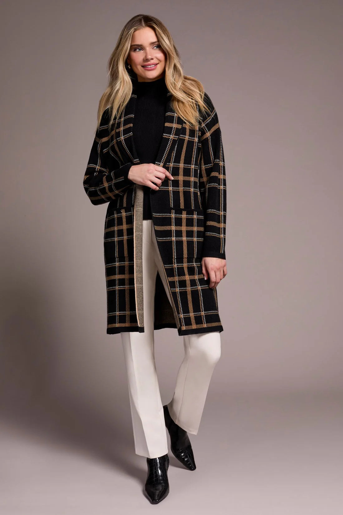 Double Knit Long Plaid Coatigan. Style TR1523O-8234