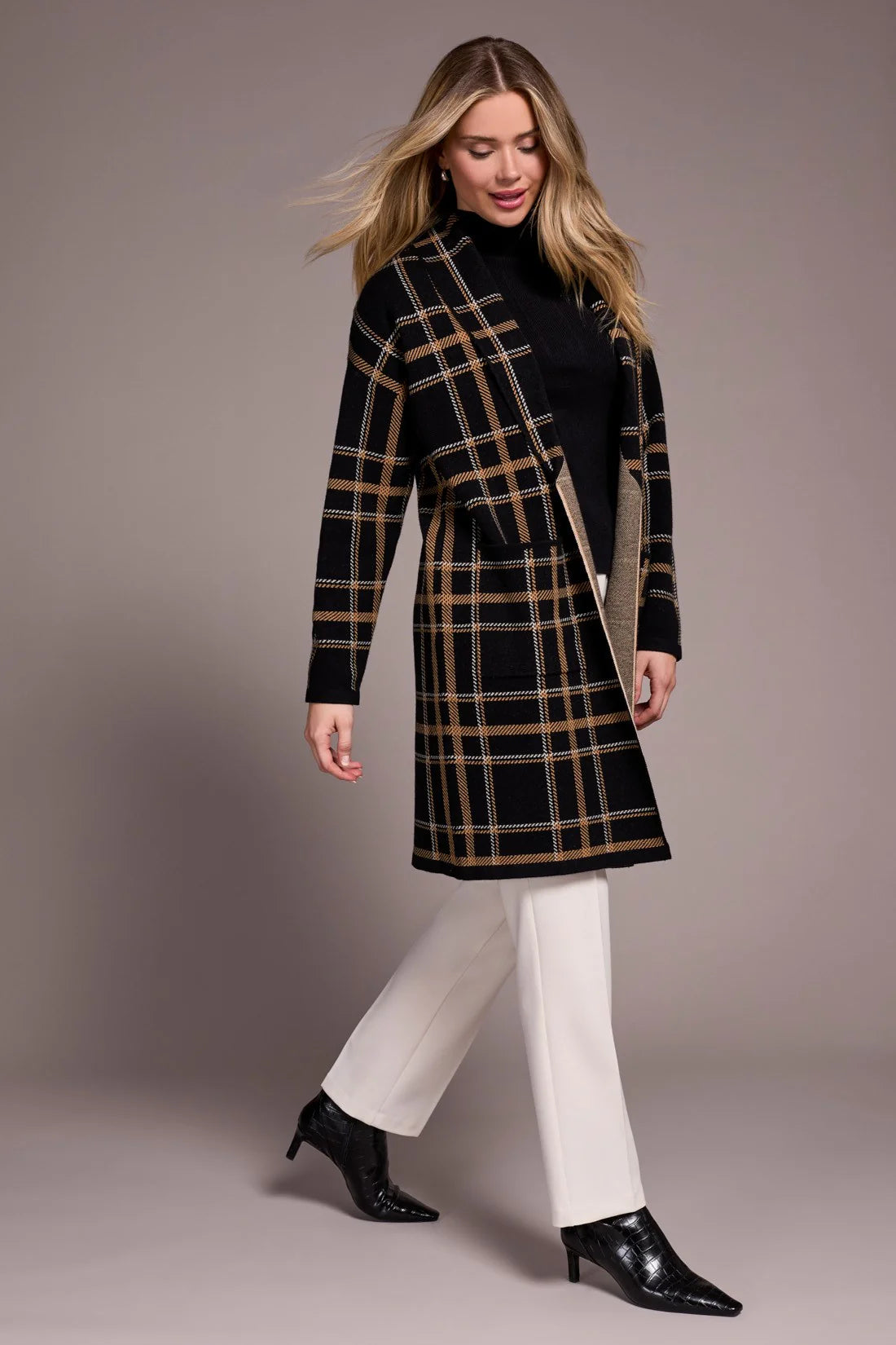 Double Knit Long Plaid Coatigan. Style TR1523O-8234