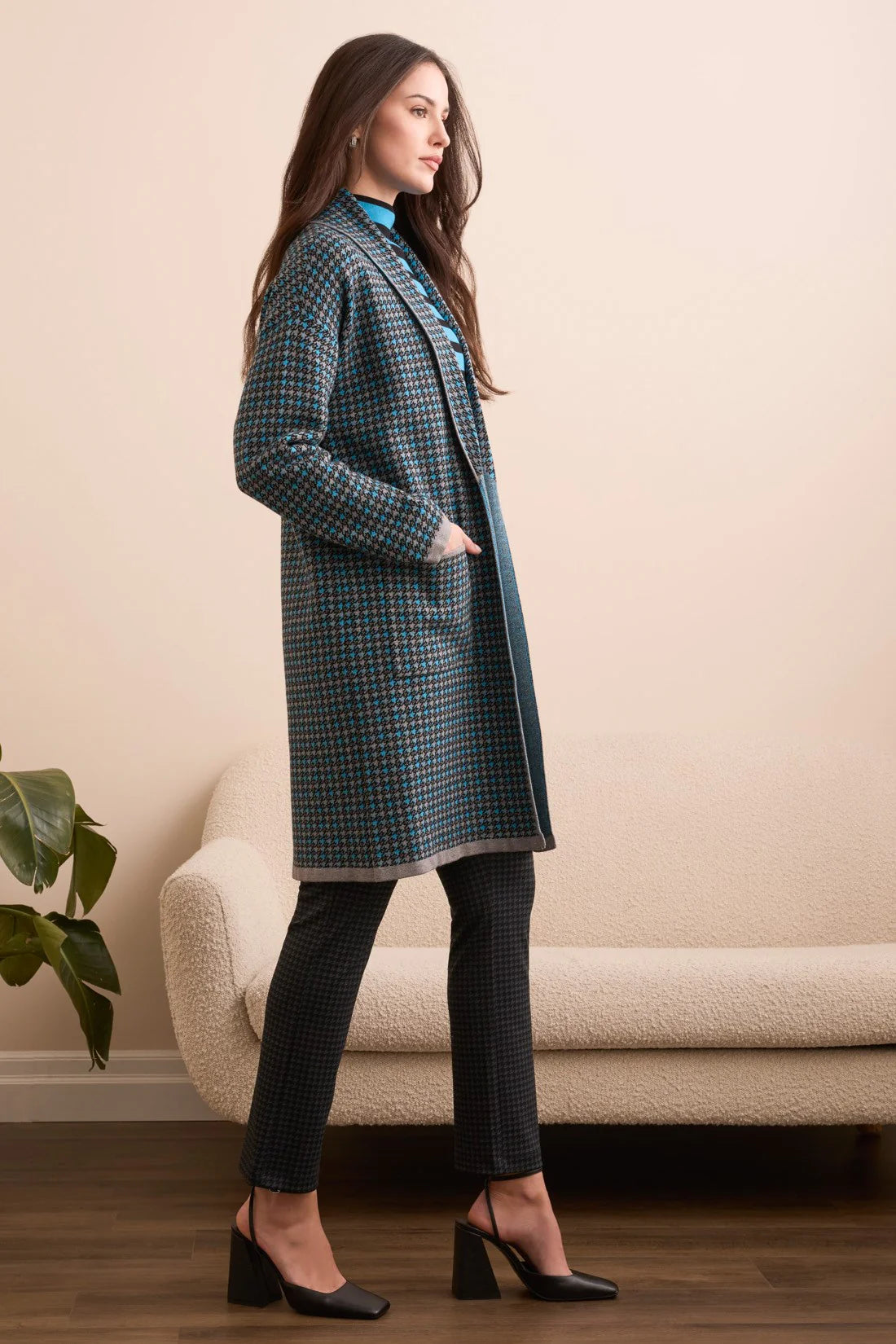 Double Knit Long Plaid Coatigan. Style TR1523O-8234