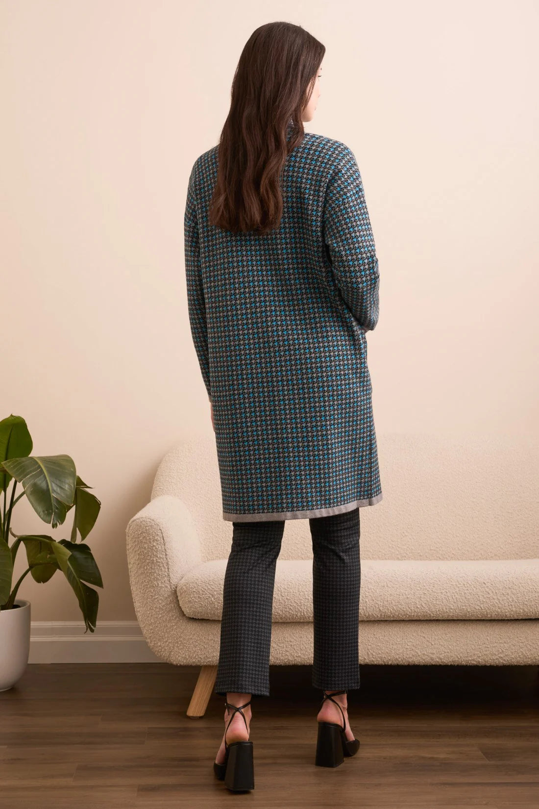 Double Knit Long Plaid Coatigan. Style TR1523O-8234