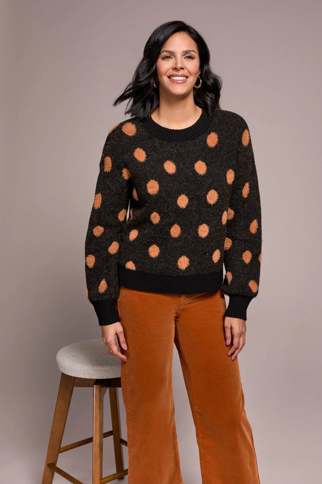 Knit Eyelash Crew Neck Polka-Dot Sweater. Style TR2297O-8356