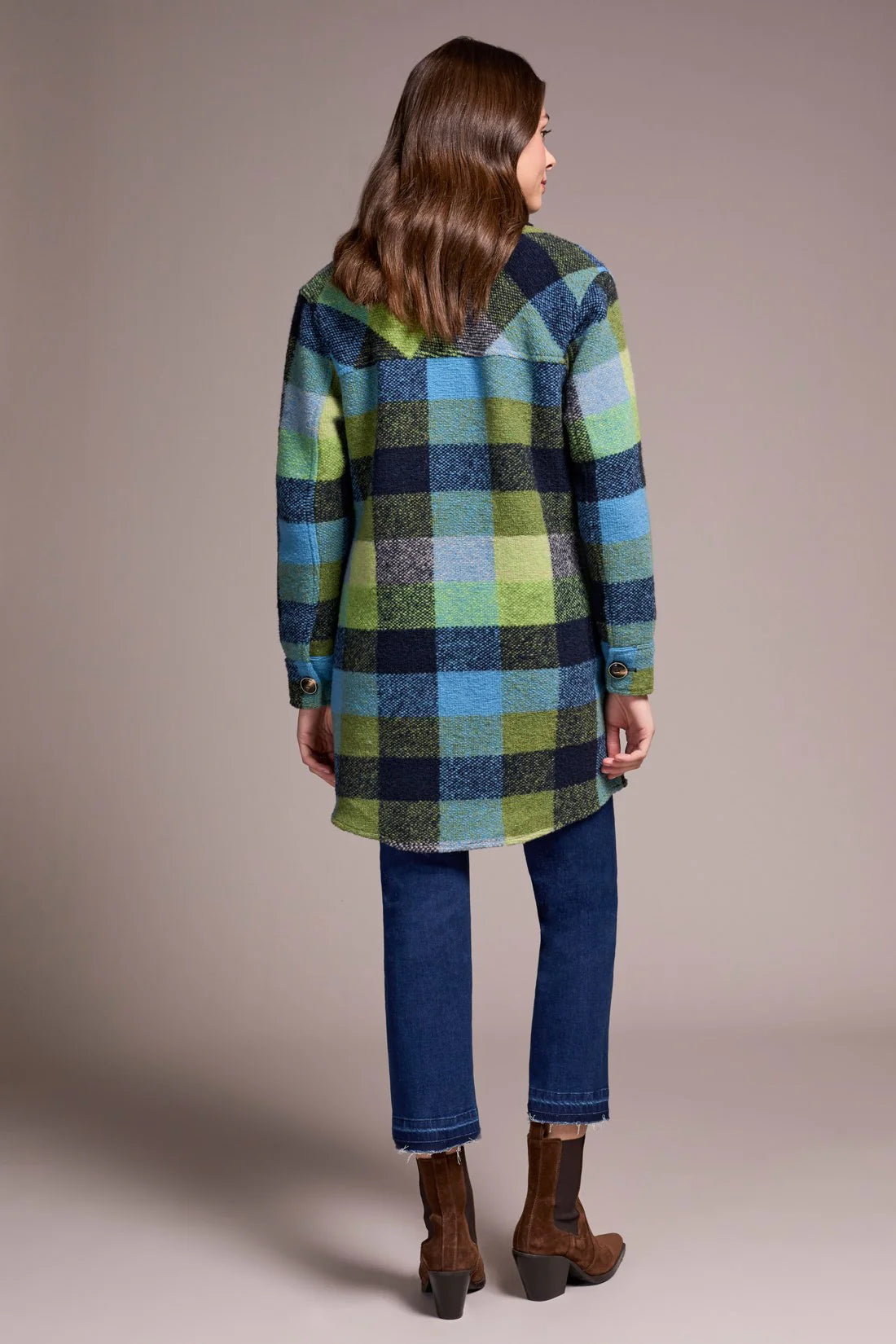 Green & Blue Plaid Knit Jacket. Style TR5966O-5056