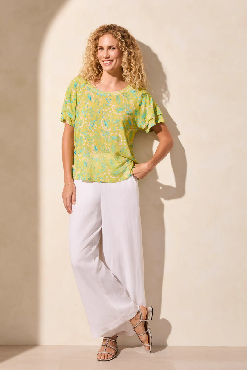 Linen Blend Ruffled Sleeve Top. Style TR2029O-1557