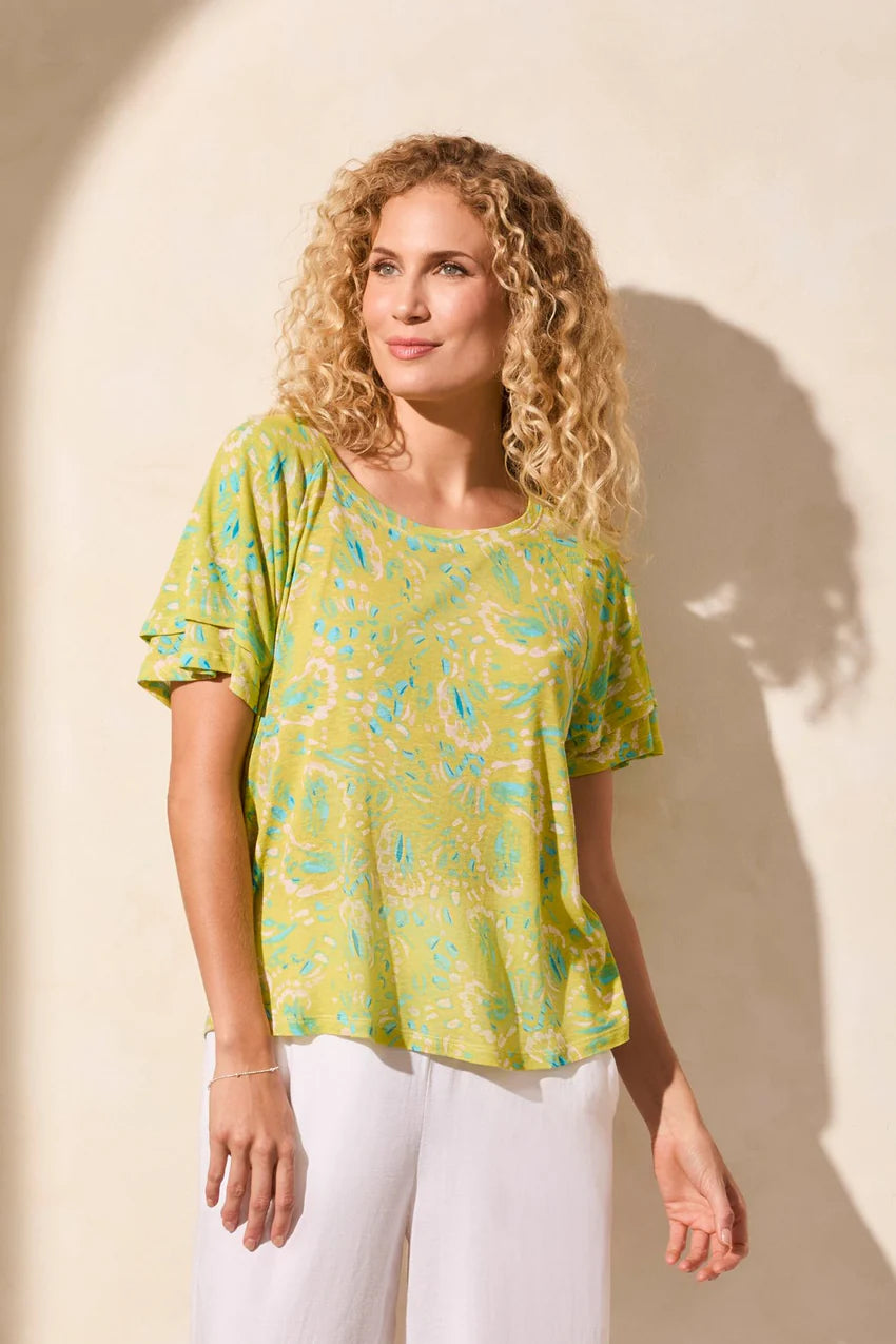 Linen Blend Ruffled Sleeve Top. Style TR2029O-1557