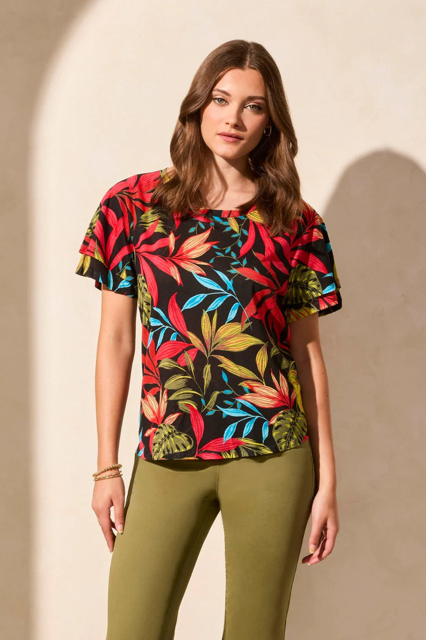 Linen Blend Ruffled Sleeve Top. Style TR2029O-1557