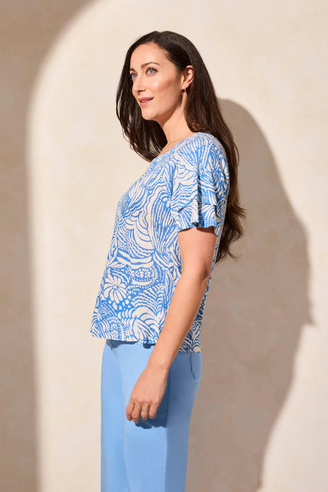 Linen Blend Ruffled Sleeve Top. Style TR2029O-1557