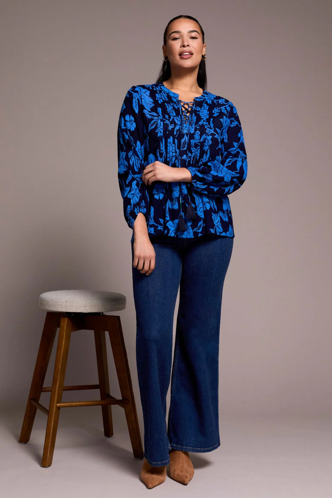 Blue Flower Print Lace Necktie Blouse. Style TR5989O-5101