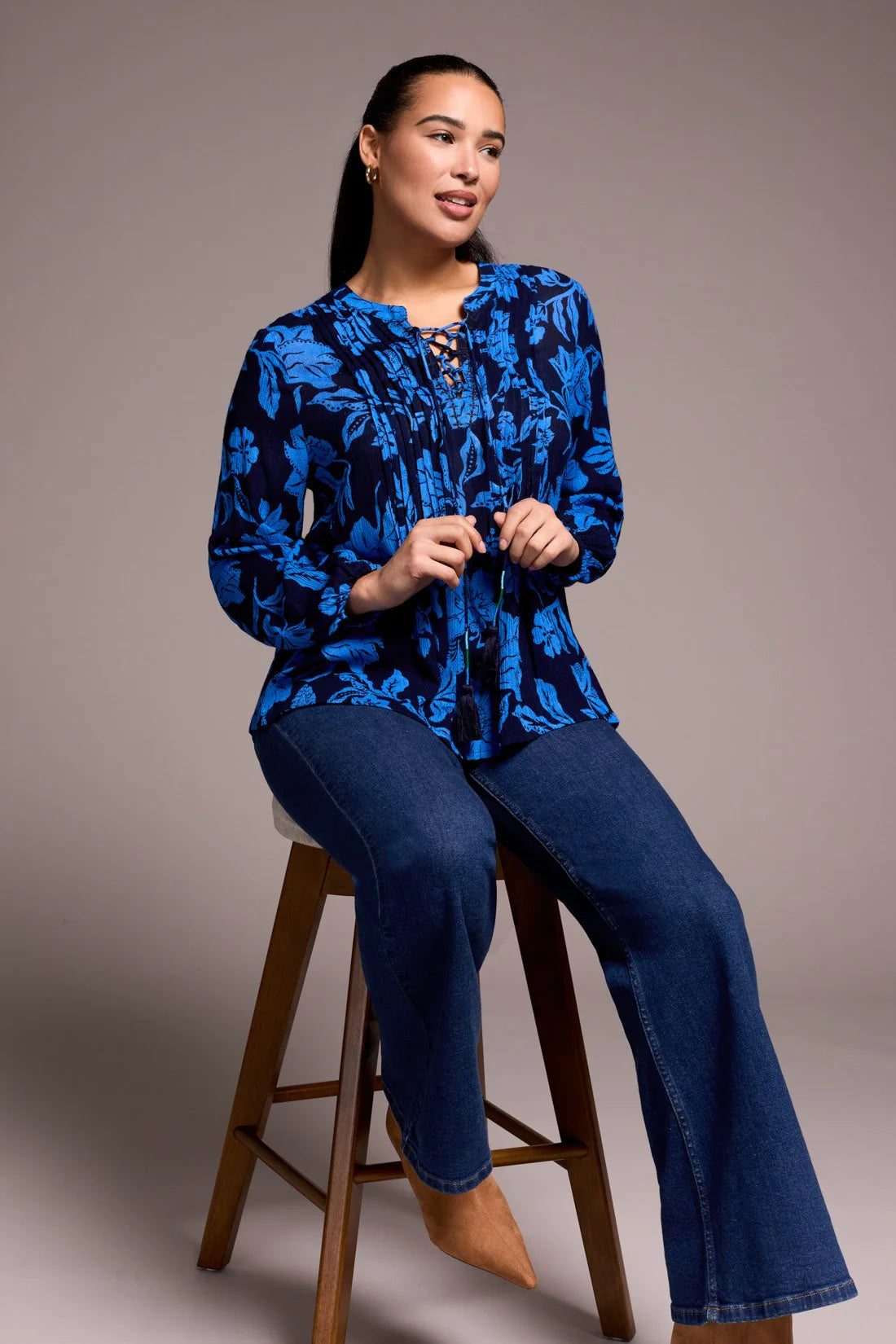 Blue Flower Print Lace Necktie Blouse. Style TR5989O-5101