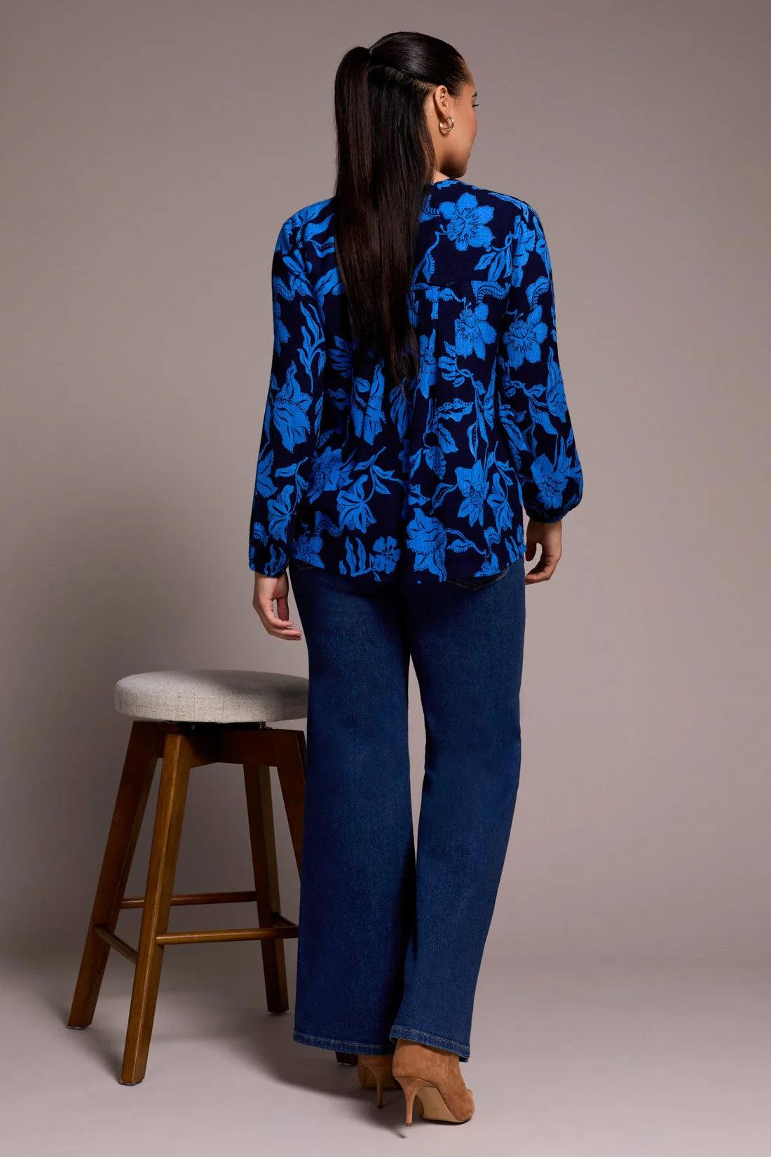 Blue Flower Print Lace Necktie Blouse. Style TR5989O-5101