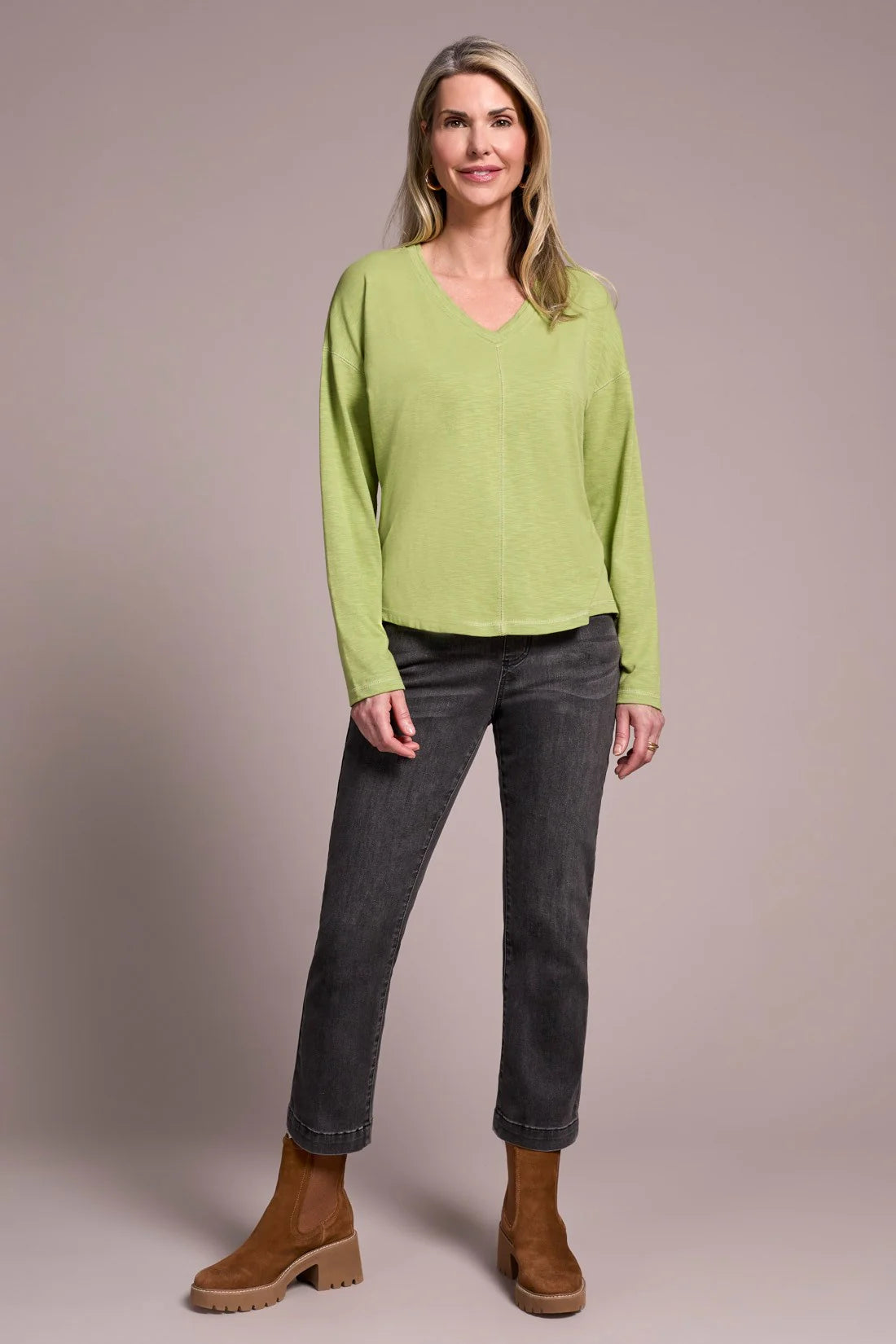 Slub Knit Flatlock V-Neck Top. Style TR2282O-8285
