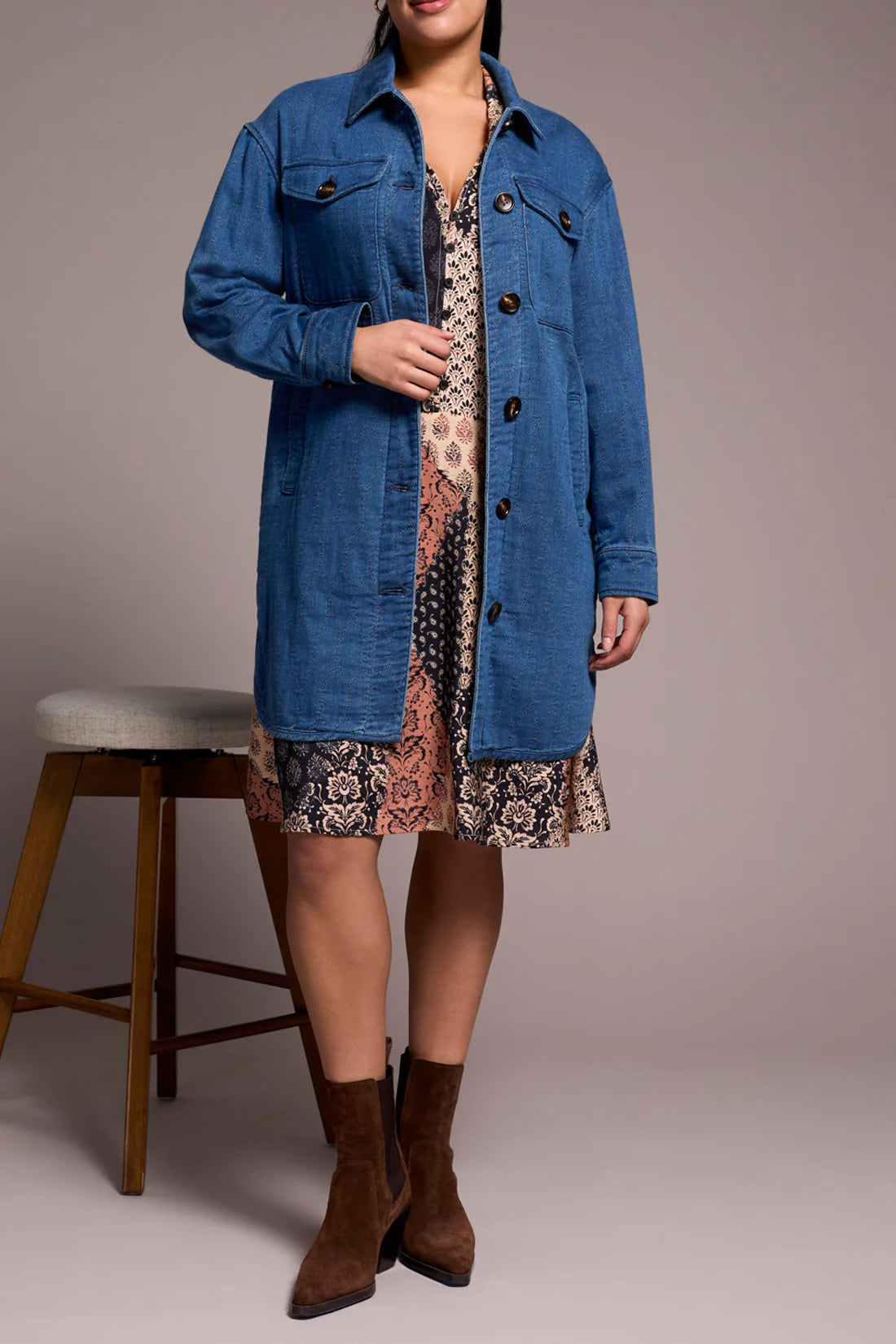 Long Button Front Quilted Shacket. Style TR5902O-5352