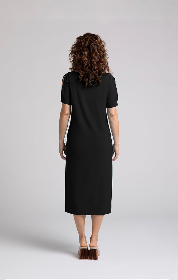 Boat Neck Slit Sleeve Midi Dress. Style SI28172-1BLK