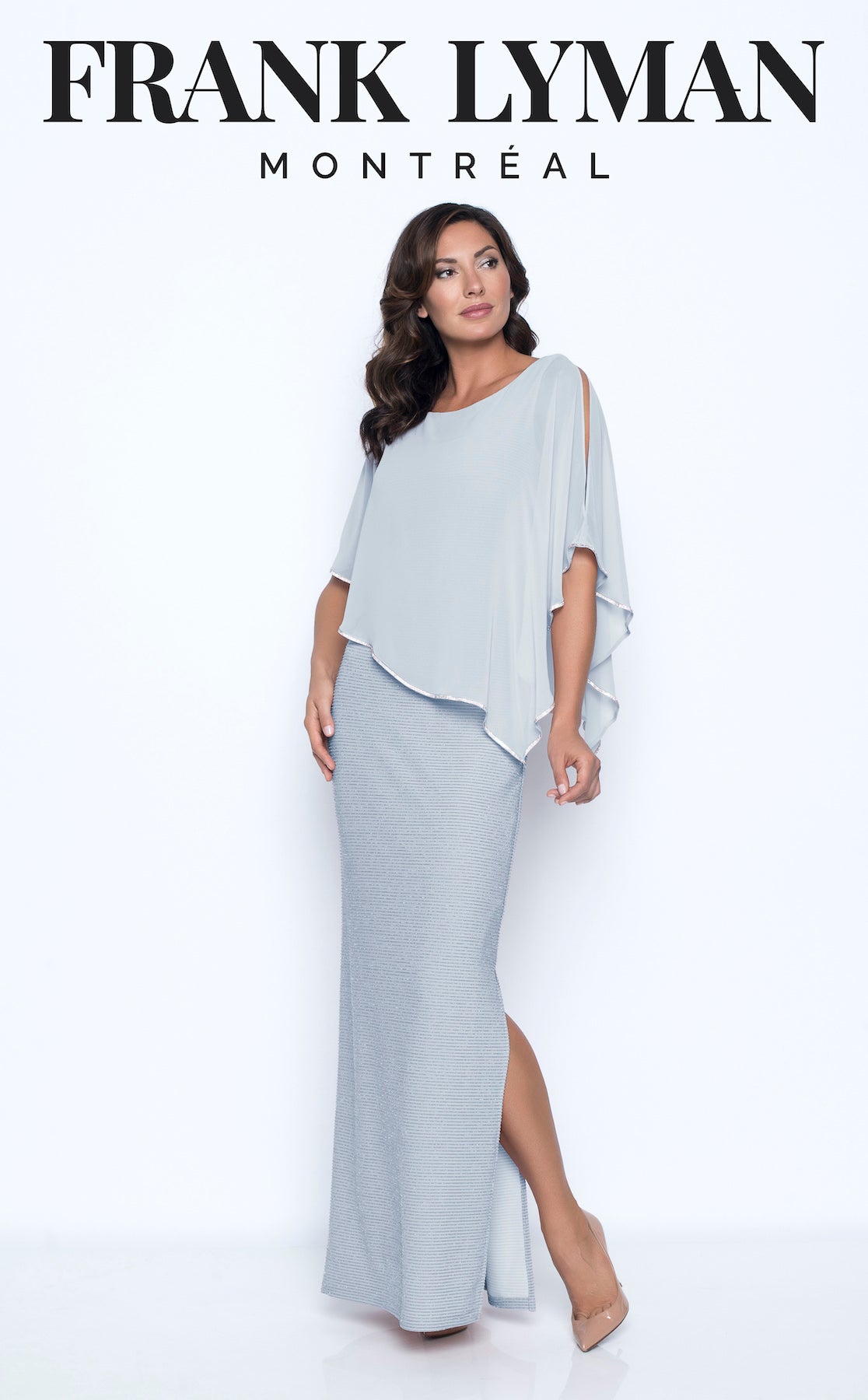 Chiffon Cape Overlay with Metallic Thread Ribbed Gown. Style FL179257