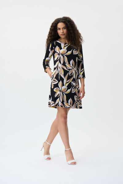 Silky Knit Floral & Black Panel Shift Dress. Style JR231037