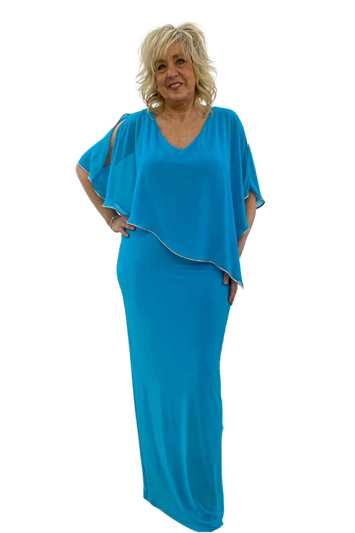 V-Neck Sheer Cape Dress. Style JR221385