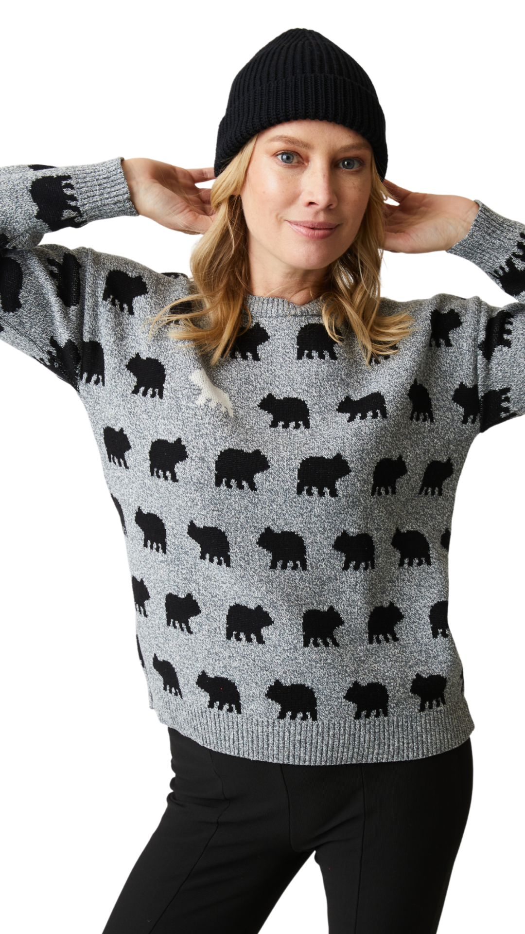 "Bear Naked" Black & White Bear Print Sweater. Style PH80074
