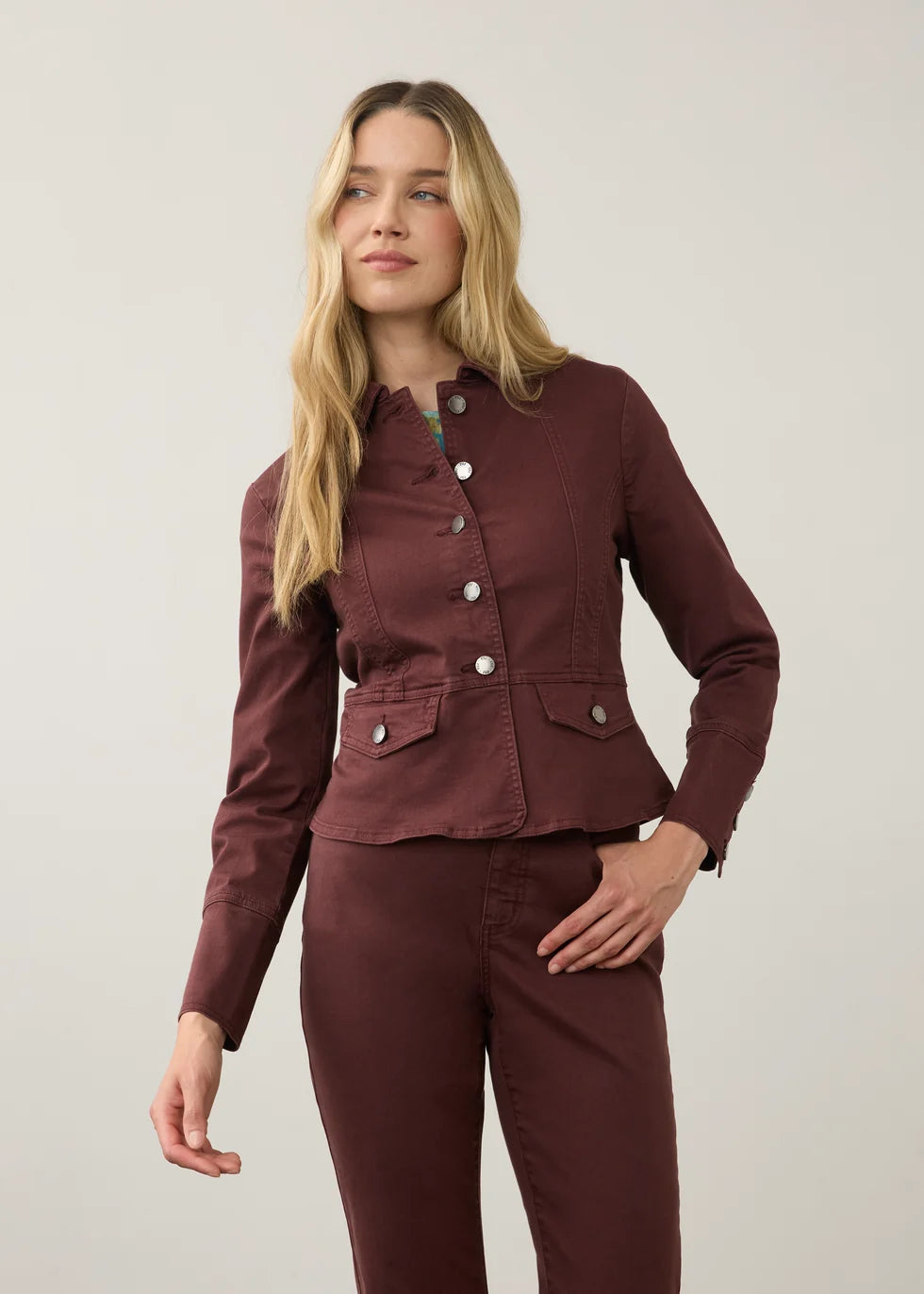 Button Front Contoured Waist Utility Jacket. Style FD10022511
