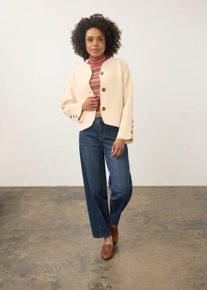Collarless Fuzzy Knit Button Front Jacket. Style FD10047431
