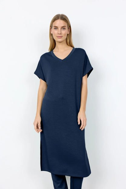 V-Neck Drop Shoulder Soft Stretch Fabric Midi Dress. Style SOYA27539