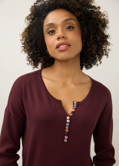Notch Neck Statement Buttons Ribbed Sleeve Sweater. Style FD1056212