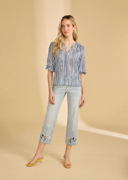 Striped 3/4 Sleeve V-Neck Top. Style FD7378205