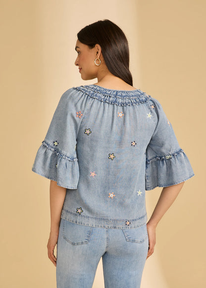 Ruffle Tie Neck Embroidered Daisies Top. Style FD7589846