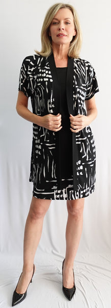 Two-Piece Black & White Printed Cardigan & Dress Set. Style SW97241