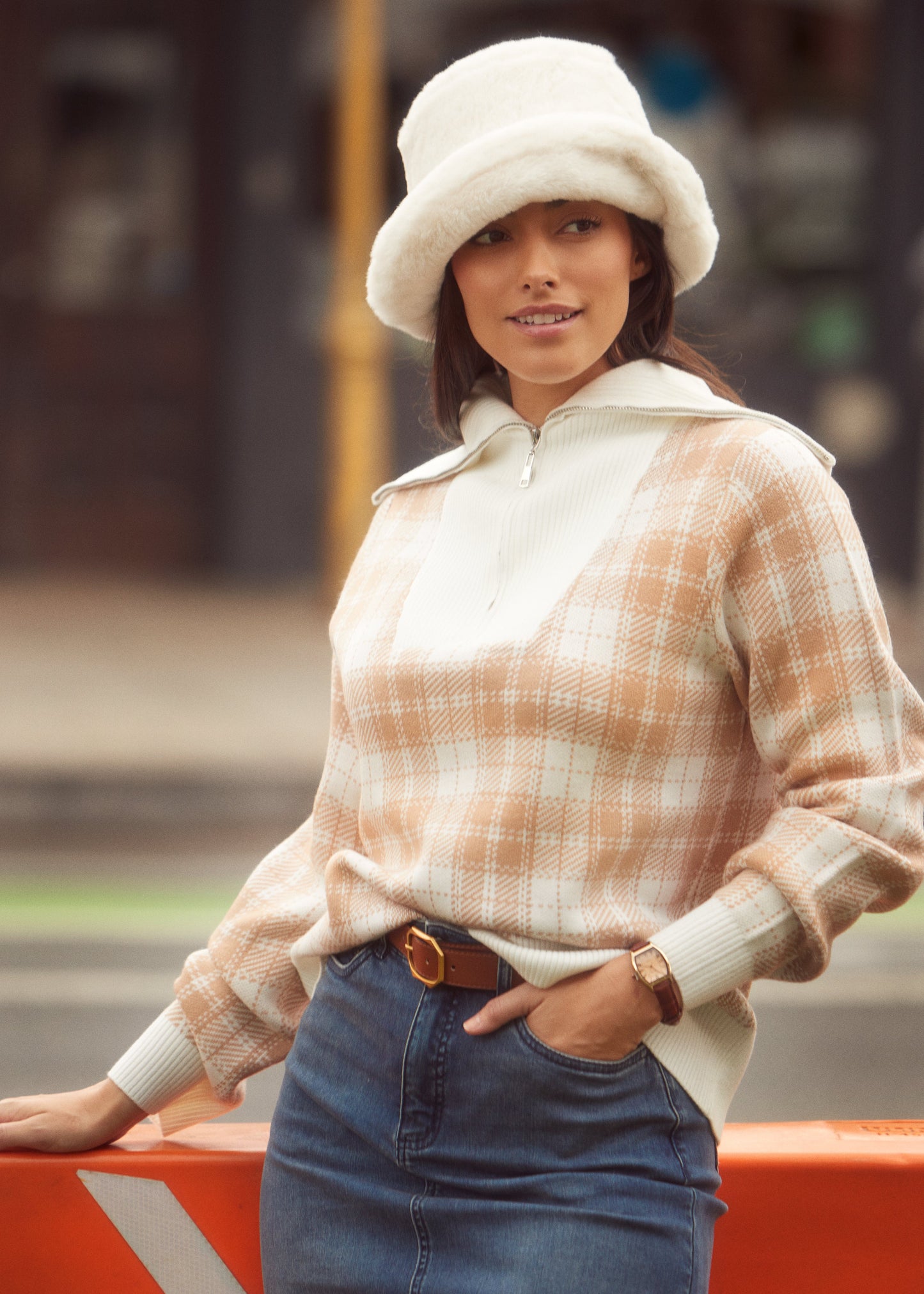 Wide Collar 1/4 Zip Plaid Sweater. Style FD1028525