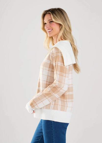 Wide Collar 1/4 Zip Plaid Sweater. Style FD1028525