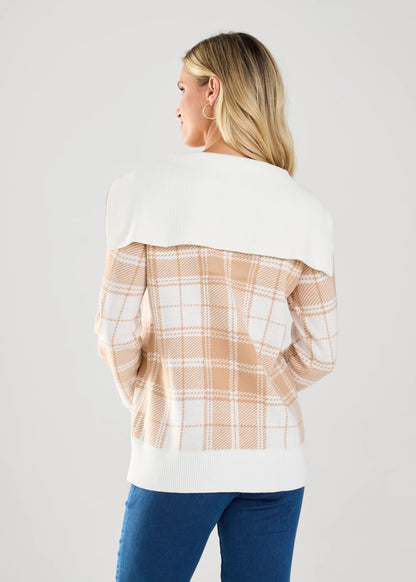 Wide Collar 1/4 Zip Plaid Sweater. Style FD1028525