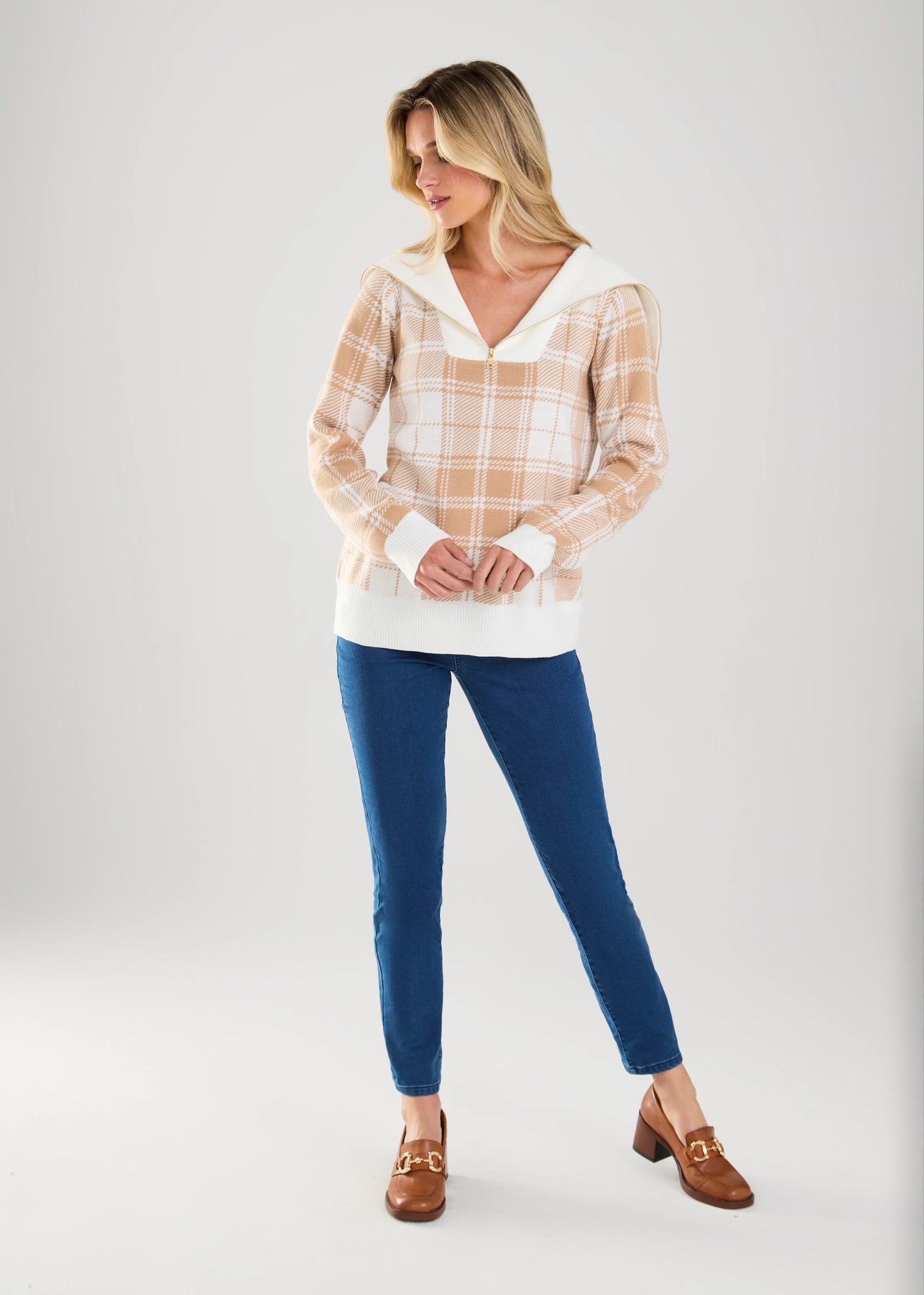 Wide Collar 1/4 Zip Plaid Sweater. Style FD1028525