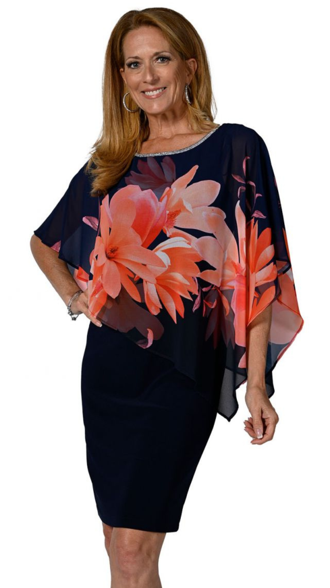 Floral Cape Overlay Rhinestone Trim Dress. Style FL238348
