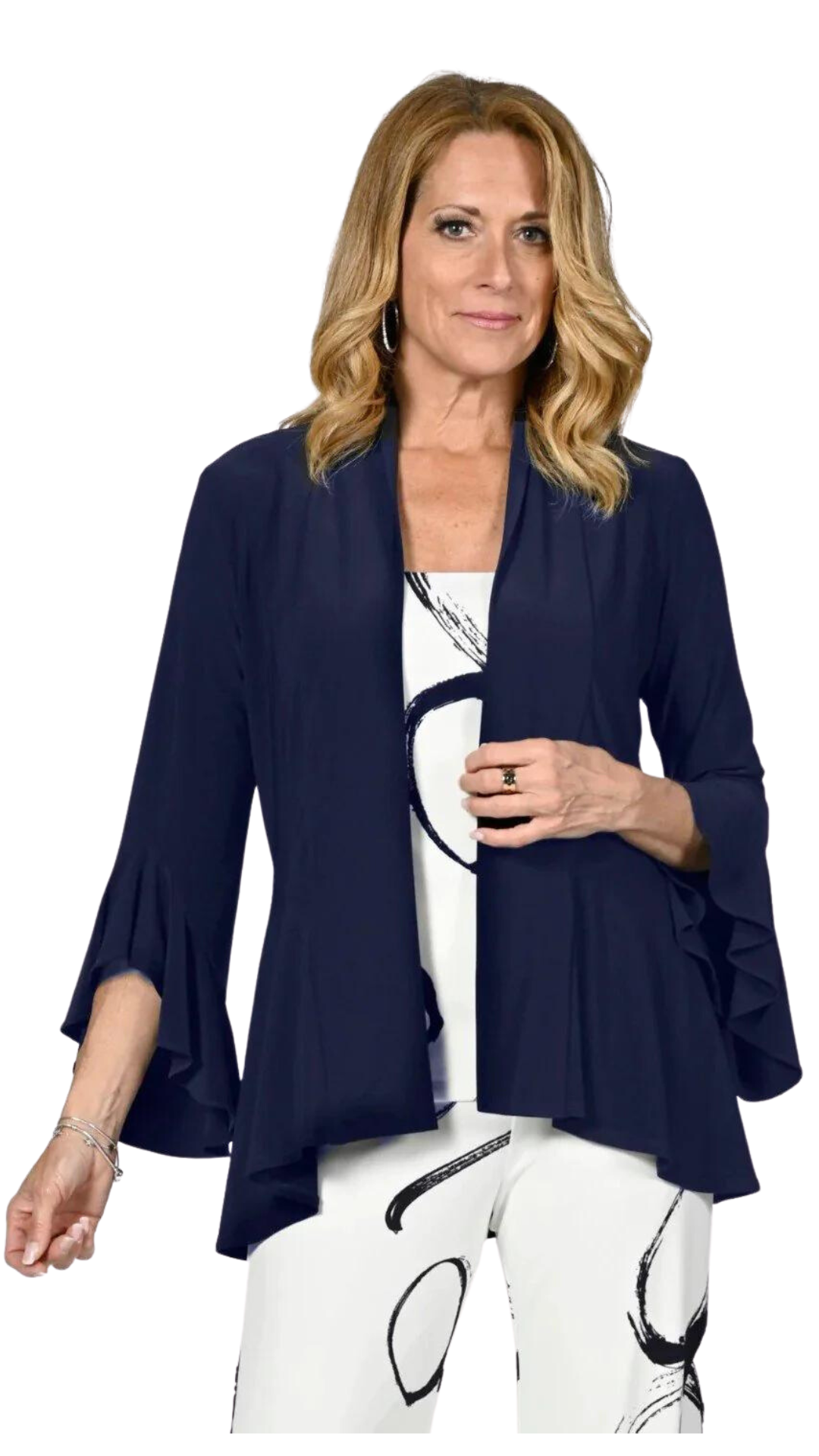 Bell Sleeve Stretch Cardigan in Black or Navy. Style FL236025