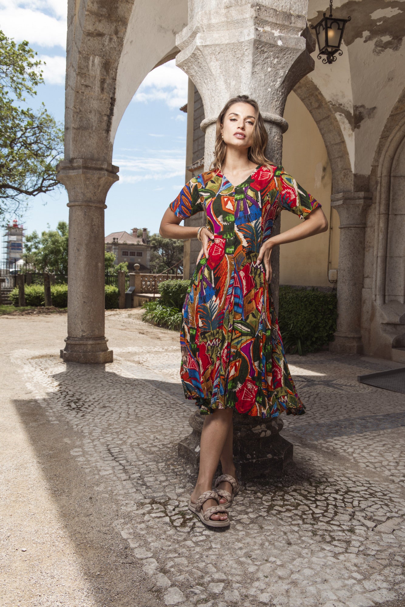 Fit & Flare Back Tie Short Sleeve "Torgua" Print Dress. Style ORI91-257