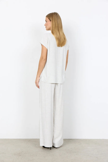 Notched V-Neck Vertical Stripes Short Sleeve Top. Style SOYA41585