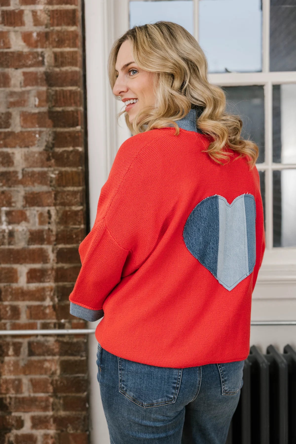 Denim Heart Applique Loose Sleeve Open Front Cardigan. Style SHNP5842