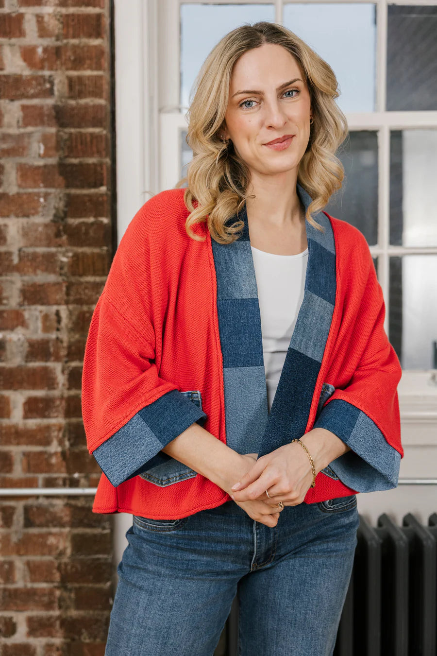 Maple Leaf Applique Open Front Denim Details Cardigan. Style SHNP5841