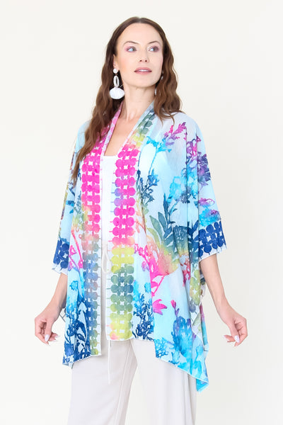 Blue, Pink & Yellow Frayed Floral Cover Up. Style CAT12302-S